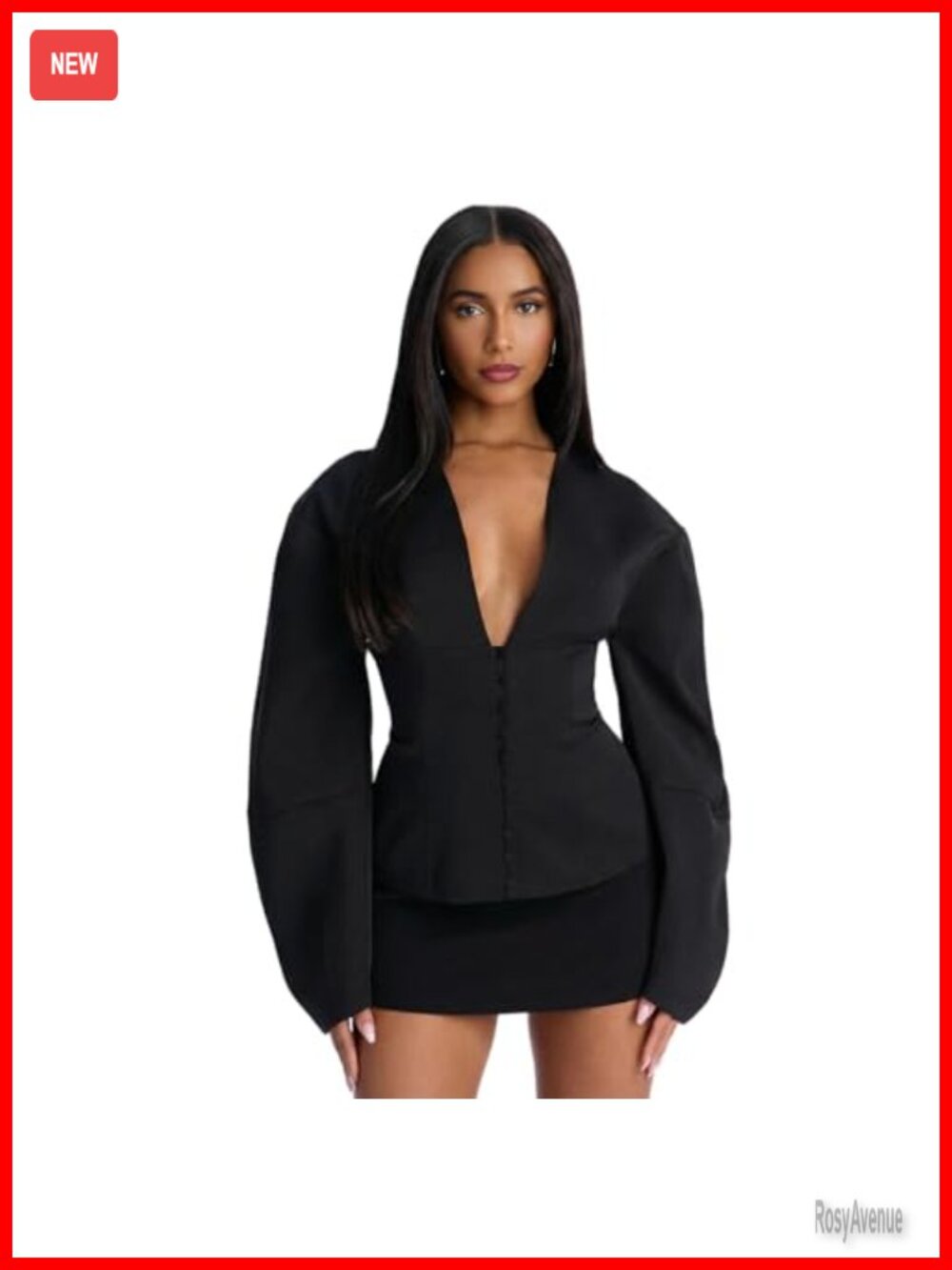 Women's Padded Shoulder Blazer Slim Fit Puff Sleeve V-Neck Button Suit Jacket